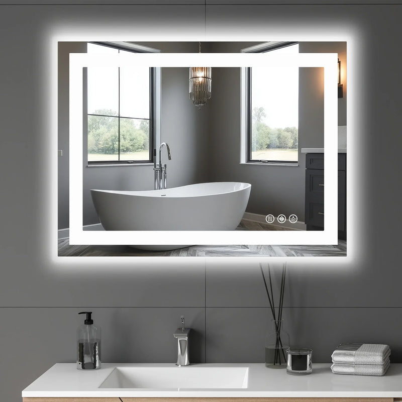 LED vanity mirror with backlit lighting above a modern bathroom sink and minimalist decor